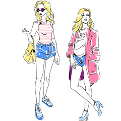 Doodle fashion illustration with two beautiful girl