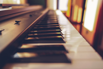 Piano keys side view. Piano keyboard background. 
