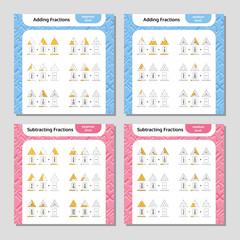 Adding and Subtracting Fractions Mathematical Worksheet Set. Triangles. Coloring Book Page. Math Puzzle. Educational Game. Vector illustration.