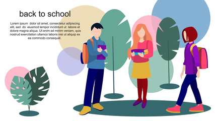 Back to school, education concept, background with text place. Can use for web banner, web page, landing. Flat vector illustration with pupils, school kids, students.