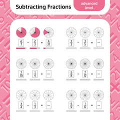 Subtracting Fractions Mathematical Worksheet. Coloring Book Page. Math Puzzle. Educational Game. Vector illustration.
