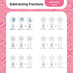 Subtracting Fractions Mathematical Worksheet. Stars. Coloring Book Page. Math Puzzle. Educational Game. Vector illustration.