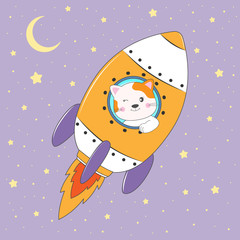 Cute funny cat astronaut flying on a rocket.