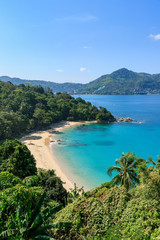 Aerial scenic view over beautiful Andaman sea and small bays at Laem Sing Viewpoint, Phuket, Thailand