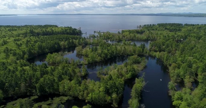 Super Dolly Aerial Drone Flying Backwards Footage of Songo River at Sebago Lake, Maine, USA.