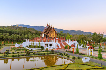 Royal Pavilion (Ho Kum Luang) Lanna style pavilion in Royal Flora Rajapruek Park botanical garden, Chiang Mai, Thailand.