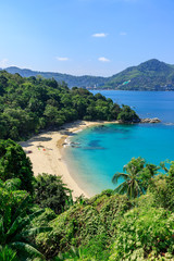 Aerial scenic view over beautiful Andaman sea and small bays at Laem Sing Viewpoint, Phuket, Thailand