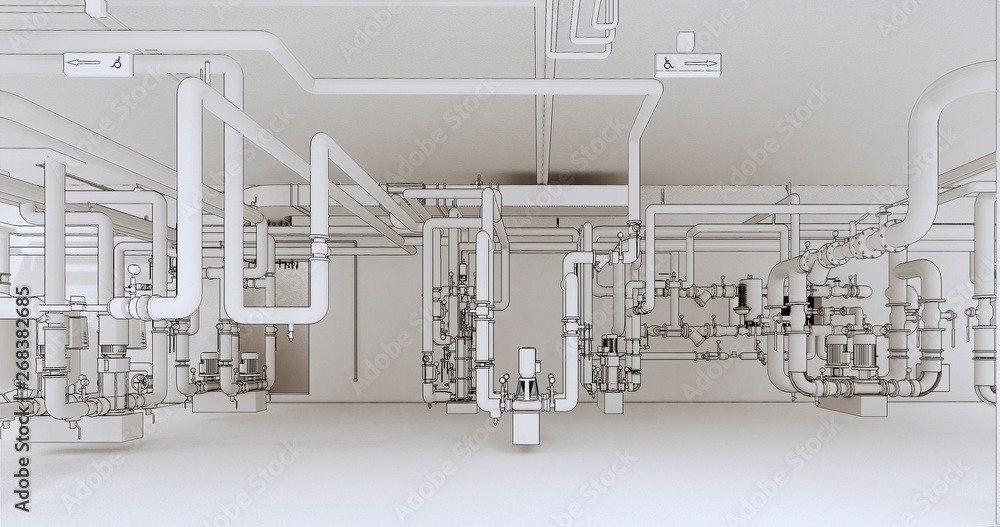 Poster conceptual visualization of bim model of utilities of the building at drawing style