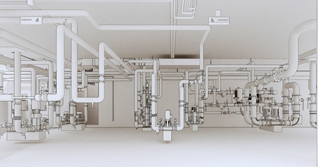 Conceptual visualization of BIM model of utilities of the building at drawing style