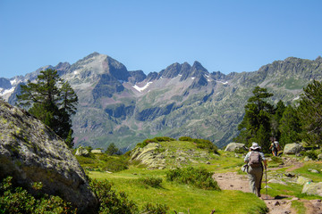 Trekker walking in path towards mountains in scenic background