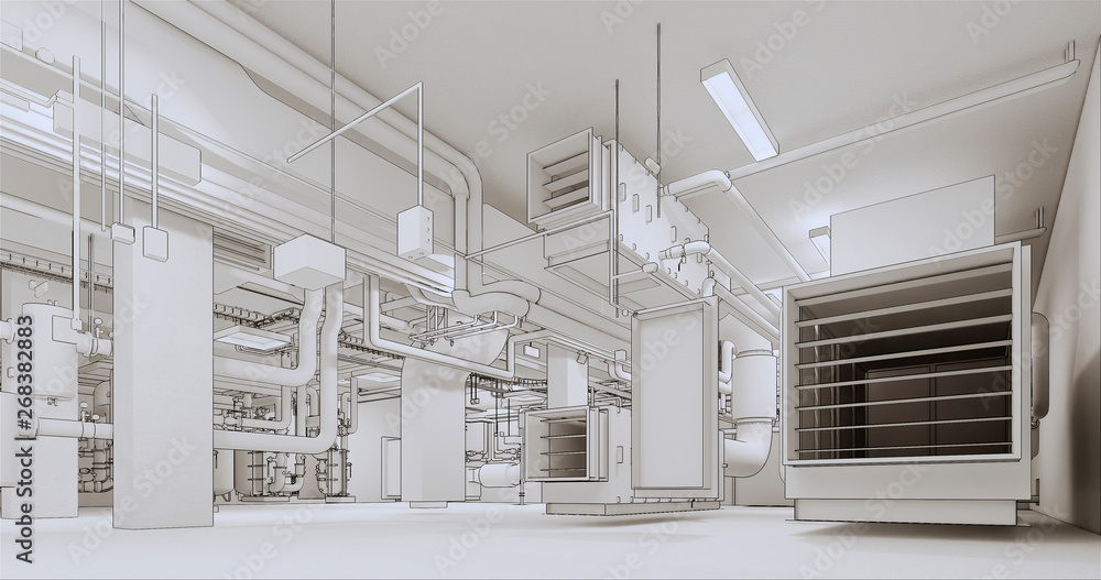 Poster conceptual visualization of bim model of internal engineering communications of the building at draw