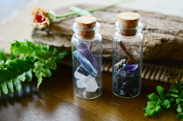 Curiosity Cabinet, whimsical woodland crystal bottles. Snowflake Obsidian, Clear Quartz, Fluorite, Blue Kyanite, and Amethyst in glass bottles. Little glass vials, fairy garden natural curiosity. 