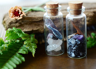 Curiosity Cabinet, whimsical woodland crystal bottles. Snowflake Obsidian, Clear Quartz, Fluorite,...