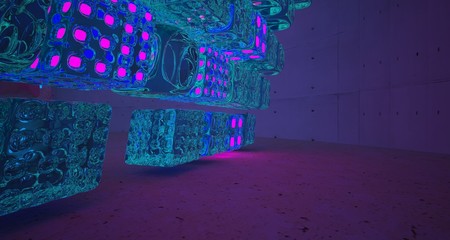 Abstract Concrete Glass Smooth Futuristic Sci-Fi interior With Blue and Violet Neon Tubes . 3D illustration and rendering.