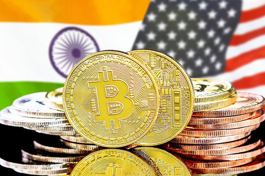 Concept for investors in cryptocurrency and Blockchain technology in the India and United States of America. Bitcoins on the background of the flag India and United States of America. - Powered by Adobe