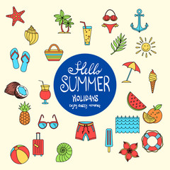 Hello Summer collection. Vector illustration of colorful funny ice cream, palm tree, sunglasses, pineapple, watermelon, umbrella, anchor, orange, coconut, juice, flower, suitcase, bikini, Lifebuoy