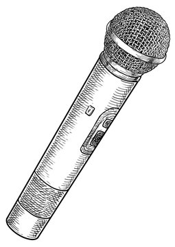 Microphone illustration, drawing, engraving, ink, line art, vector