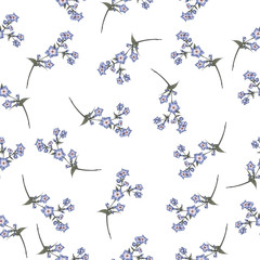 Vector seamless pattern with gentle sprigs of blue flowers. Can be used as romantic background for wedding invitations, greeting postcards, prints, textile design, packaging design.
