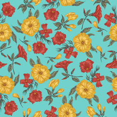 Vector seamless pattern with floral print in Provence style on mint background. Can be used as romantic background for wedding invitations, greeting postcards, prints, textile design, packaging design