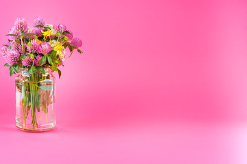 Wild flowers in a vase on a pink background. Free space for text.
