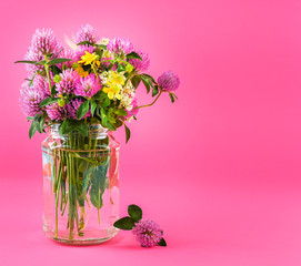 Wild flowers in a vase on a pink background. Free space for text.