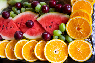 Salad bar organic fruits for breakfast in the open air, motivate health and good habits.