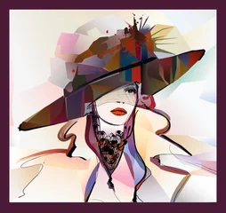 Foto op Canvas Vrouw met hoed op kleurrijke achtergrond © Isaxar