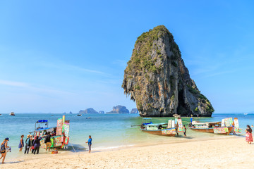 Krabi, Thailand - February 23, 2019: Ao Phra Nang near Railay beach with beautiful clear turquoise blue sea. Famous tourist destination in the province.