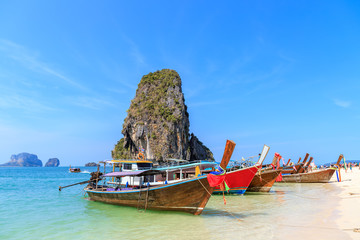 Beautiful clear turquoise blue sea and boats at Ao Phra Nang near Railay beach, Krabi, Thailand