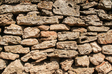 Old rural dry masonry stone wall closeup as stone background