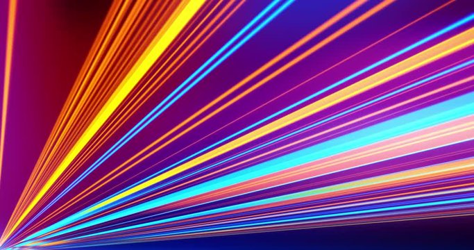 Flight in Laser Gun Energy motion lights streaks DJ VJ Lasers, background. Geometric background. Moving energy. Retro neon colors. Colorful backdrop. Neon lights. Orange and Blue.