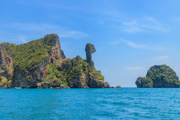 Beautiful amazing shape rock mountain cliff at Chicken Island; Ao Phra Nang bay, Krabi, Thailand