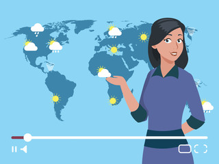 Woman anchorman weather channel vector illustration. Worldwide weather forecast concept. Weather forecast channel, broadcast report about meteorology