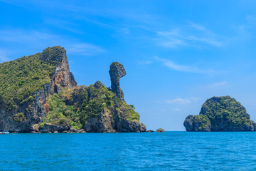 Beautiful amazing shape rock mountain cliff at Chicken Island; Ao Phra Nang bay, Krabi, Thailand