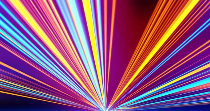 Flight in Laser Gun Energy motion lights streaks DJ VJ Lasers, background. Geometric background. Moving energy. Retro neon colors. Colorful backdrop. Neon lights. Orange and Blue.