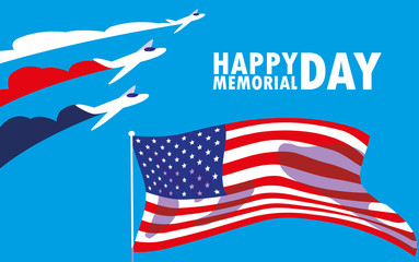 happy memorial day card with flag usa and airplanes