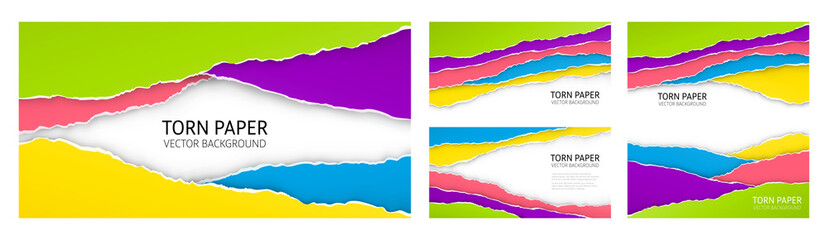 Torn edge paper background set. Colorful vector templates.