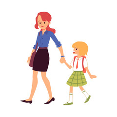 Mom leads or escorts the daughter to school vector isolated on white background.
