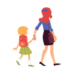 Mom leads or escorts the daughter to school vector isolated on white background.