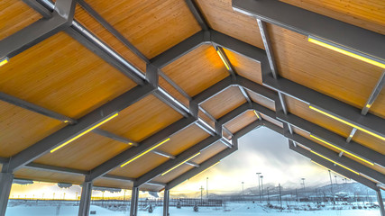 Panorama Interior view of the roof of a pavilion in Eagle Mountain Utah in winter