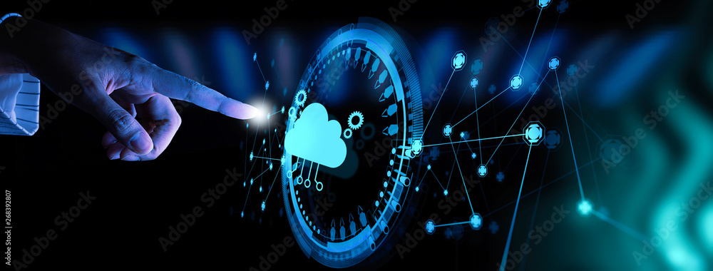 Poster Hand pushing icon Ui of Cloud Computing Technology Internet Storage Network Concept,data science trend era.