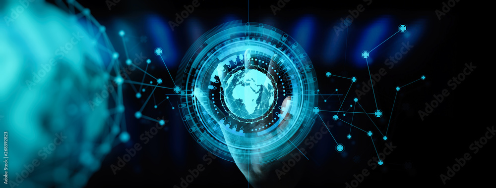 Poster Hand working with the earth with network line with point on the star and world modern UI with Internet Network concept.