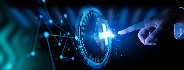 Doctor hand with stethoscope and Ui icon medical in hospital with medical technology network...