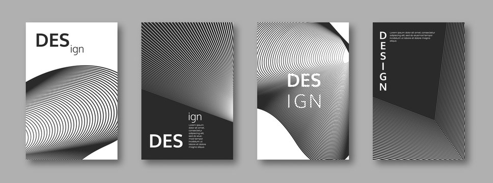 Set of abstract minimal cover designs with geometric patterns. Halftone effect. Gradient black and white colors. Vector illustration.