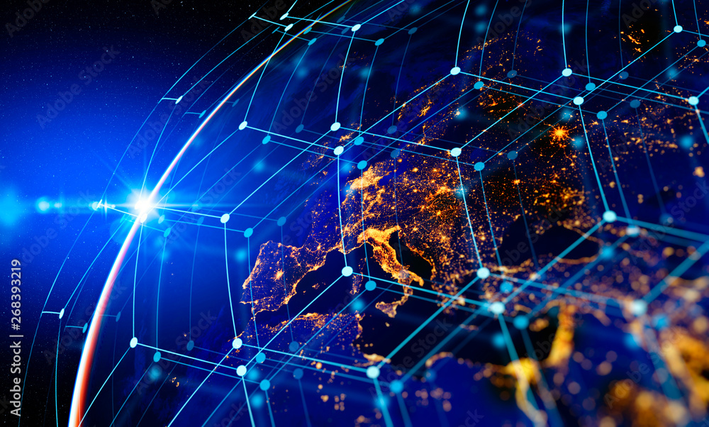 Aufkleber Communication technology for internet business. Global world network and telecommunication on earth cryptocurrency and blockchain and IoT. Elements of this image furnished by NASA