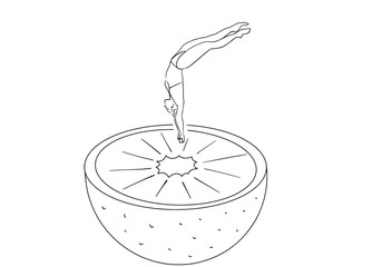 Young woman in bikini jumps into grapefruit or orange. Healthy food and active lifestyle symbol. Fun drawing. Vector design element. Isolated black contour. Hand drawn silhouette.