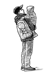 Sketch of a father holding his kid on hands