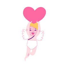 Little cute baby angel, cupid and amur smiles, flies and holds the heart.