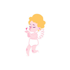 Cute baby cupid or amur with wings sends a kiss.