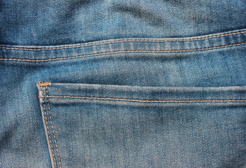 Blue jeans pocket detail with seams close up view  